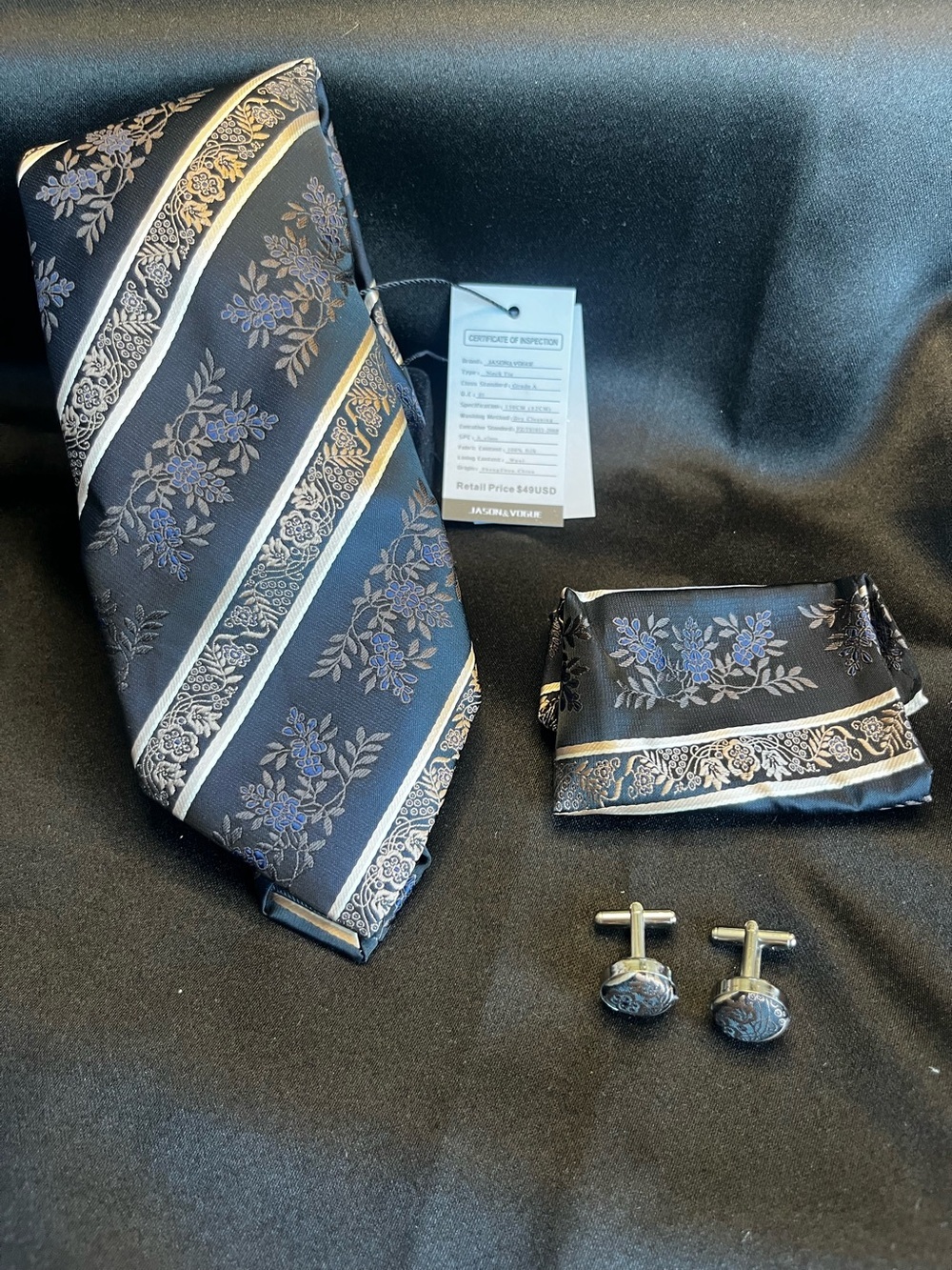Men's Floral Stripe Tie and Pocket Square Set with Cufflinks - Blue